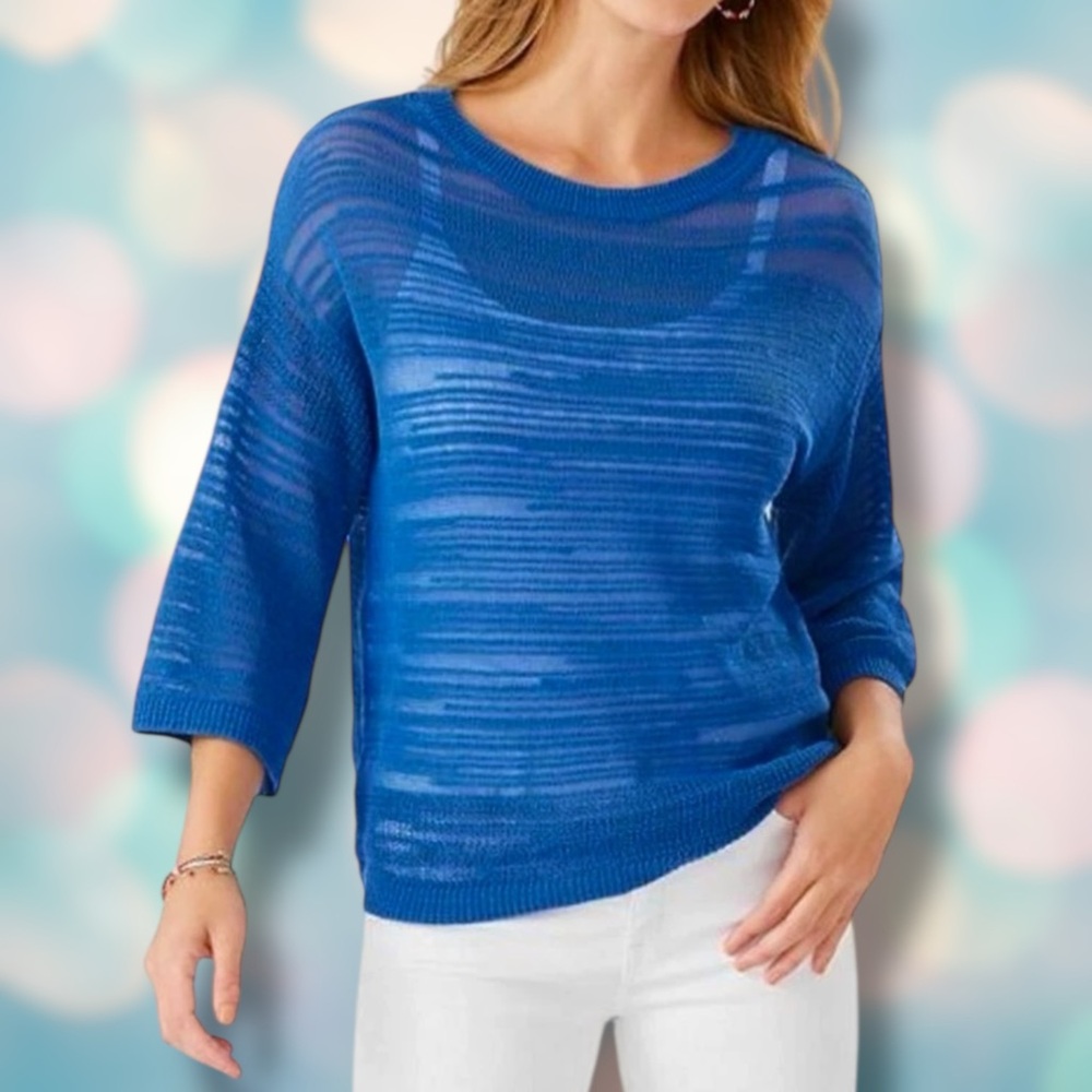 Tommy Bahama Women’s Blue Sea Grass Open Hem 3/4 Sleeve Sweater Size XXS
